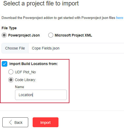 The new 'Import Build Locations from' fields, highlighted on the Import Project page