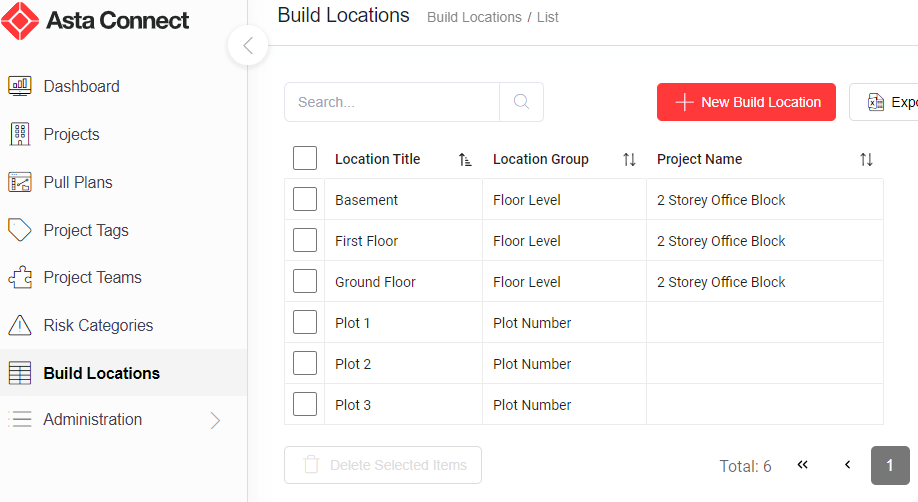 The Build Locations page, displaying a list of build locations