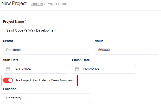 The 'Use Project Start Date for Week Numbering' toggle, highlighted on the New Project page