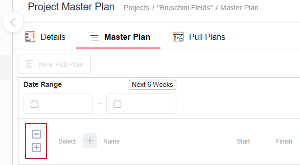 The 'Expand all' and 'Contract all' controls, highlighted on the Project Master Plan page