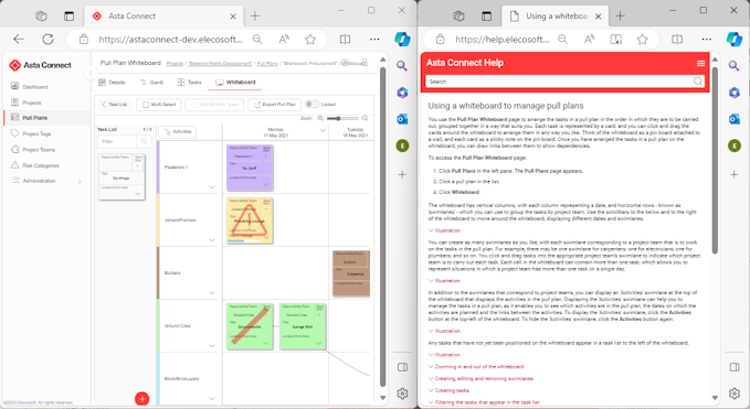 Asta Connect and its Help displayed in separate windows, side-by-side