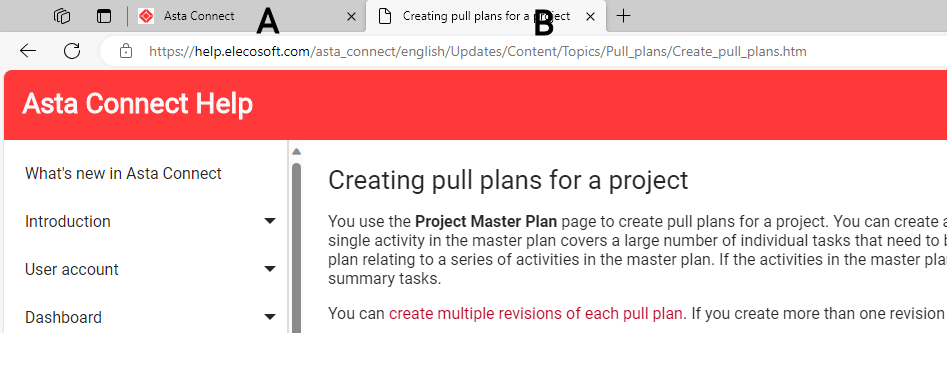 Asta Connect and its Help, each in its own browser tab