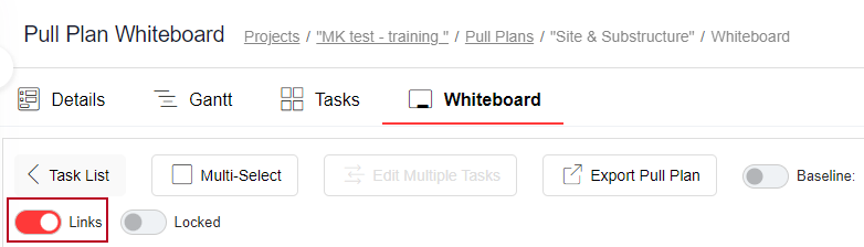 The new 'Links' toggle, highlighted on the Pull Plan Whiteboard page