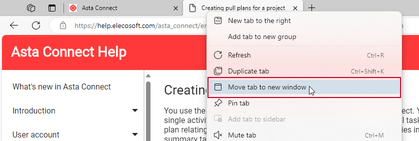 Selecting the 'Move tab to new window' menu command