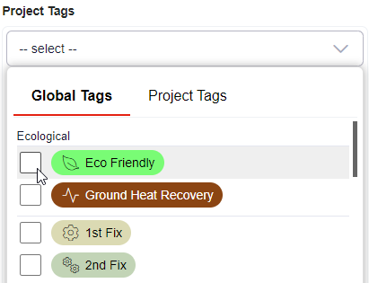 Project tags available in two lists: 'Global Tags' and 'Project Tags'