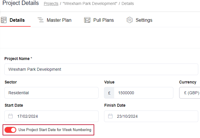 The new 'Use Project Start Date for Week Numbering' toggle, highlighted on the Project Details page