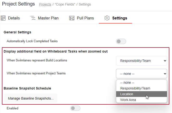 The new 'Display additional field on Whiteboard Tasks when zoomed out' fields, highlighted on the Project Settings page