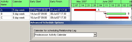 Predecessor Activity Calendar selected for scheduling relationship lag
