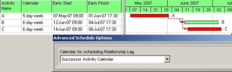 Successor Activity Calendar selected for scheduling relationship lag