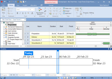 The timeline pane displayed below the project view and bar chart