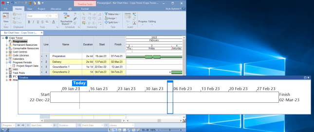 The timeline pane displayed as a separate pane that floats above the Powerproject window