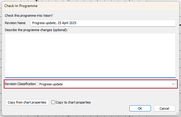 The new 'Revision Classification' page, hightlighted on the Check-In Programme dialog