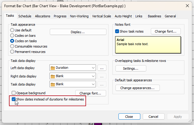 The new 'Show dates instead of durations for milestones' check box, highlighted on the Tasks tab of the Format Bar Chart dialog