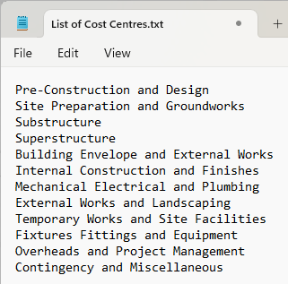 A list of cost centres in Notepad