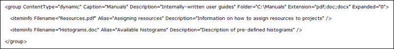 An example "dynamic" group element with two subordinate helpitem elements