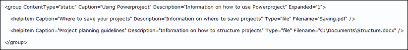 Two example helpitem elements that relate to specific files within a "static" group element