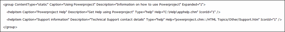 Two example helpitem elements that relate to specific CHM files within a "static" group element