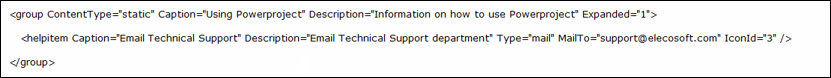 An example helpitem element that relates to an email-creating hyperlink within a "static" group element