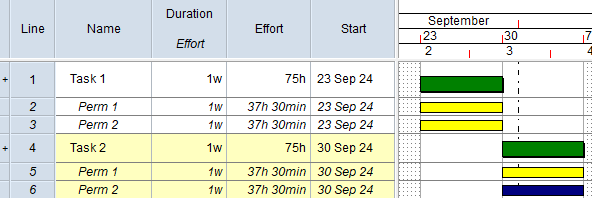 A view with two tasks, each with two permanent resource allocations