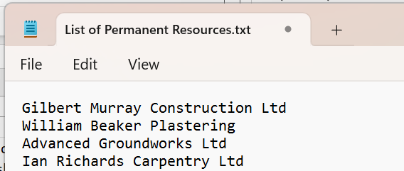 A list of permanent resources in Notepad