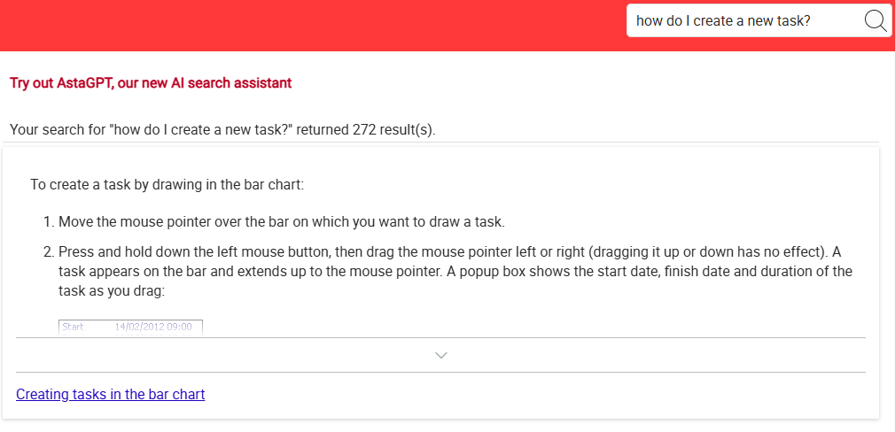 Useful information displayed above a list of suggested topics following a search