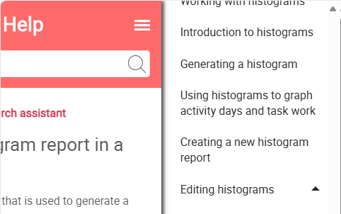 The table of contents displayed to the right of the Help
