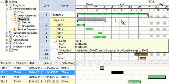 The Plot 6 task is being dragged onto the Alex Lee resource's summary task
