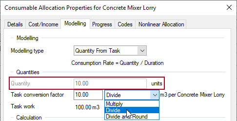 The quantity of lorries required, highlighted on the Modelling tab