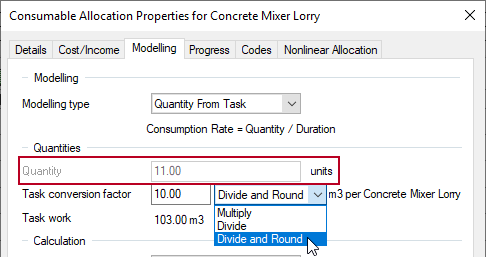 The quantity of lorries required, rounded up and highlighted on the Modelling tab