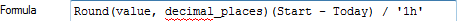 Round(value, decimal_places)(Start - Today) / '1h'
