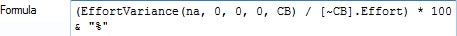 (EffortVariance(na, 0, 0, 0, CB) / [~CB].Effort) * 100 & "%"