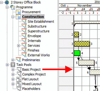 Click and drag the Basic Project task pool to bar 6 in the bar chart