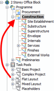 Click and drag the Flat Layout task pool to the Construction chart in the project hierarchy