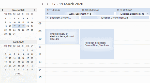 Tasks coloured using a standard appearance for each type of task