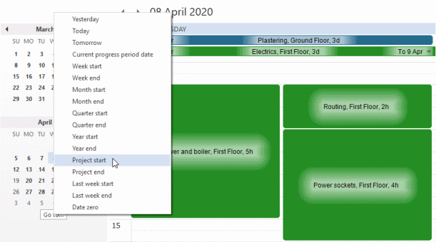 Select a date from a menu, including the project start date, the progress period report date and the project end date