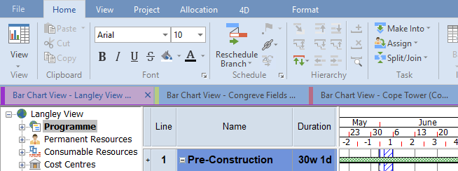Tabs displayed with a different colour for each project
