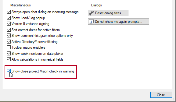 The 'Show close project Vision check in warning' check box, highlighted on the General tab of the Options dialog