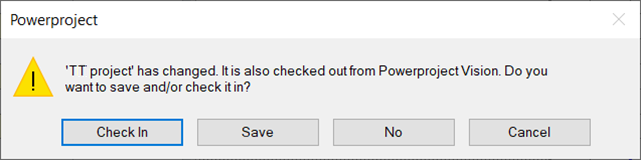 A warning asking if you want to check in the project