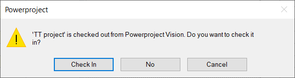 A warning asking if you want to check in the project