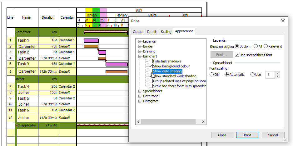 Date range shading displayed in the date zone only when previewing a printout