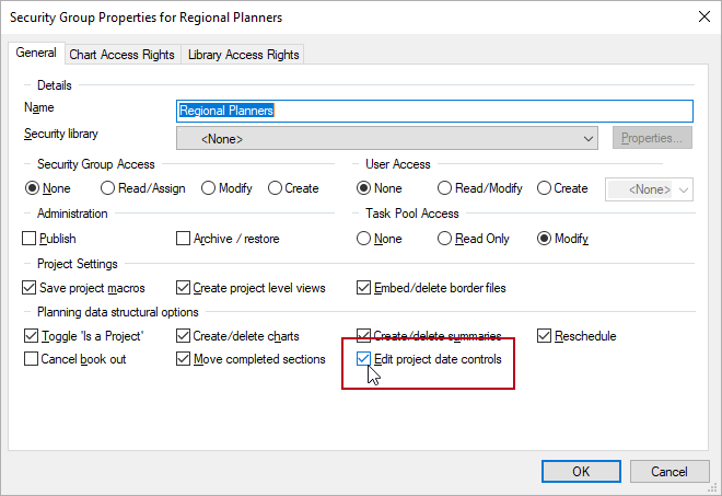 The 'Edit project date controls' check box, highlighted on the Security Group Properties dialog