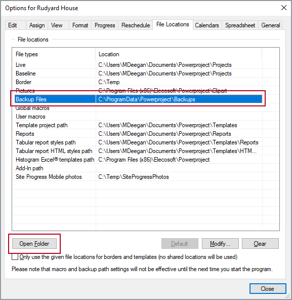 The File Locations tab of the Options dialog