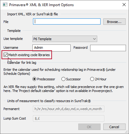 The 'Match existing code libraries' check box, highlighted on the Primavera XML & XER Import Options dialog