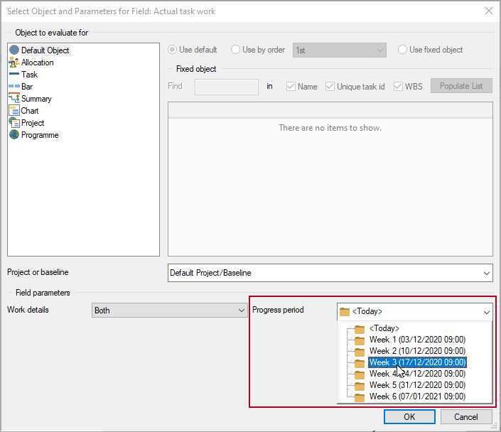 The 'Progress period' field, highlighted on the Select Object dialog