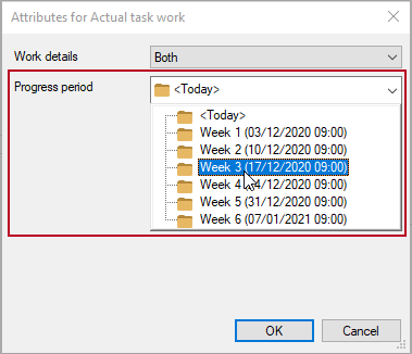The 'Progress period' field, highlighted on the Attributes dialog