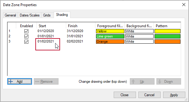 The Start column highlighted on the Shading tab of the Date Zone Properties dialog