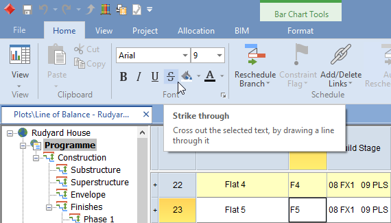The Strike through control on the Home tab of the Ribbon
