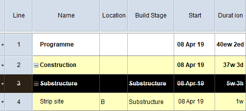 Several spreadsheet columns, with strikethrough formatting applied to one selected row