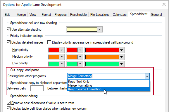 The new 'Pasting from other programs' field, on the Spreadsheet tab of the Options dialog