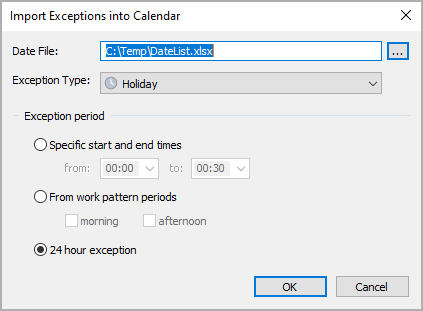 The Import Exceptions into Calendar dialog